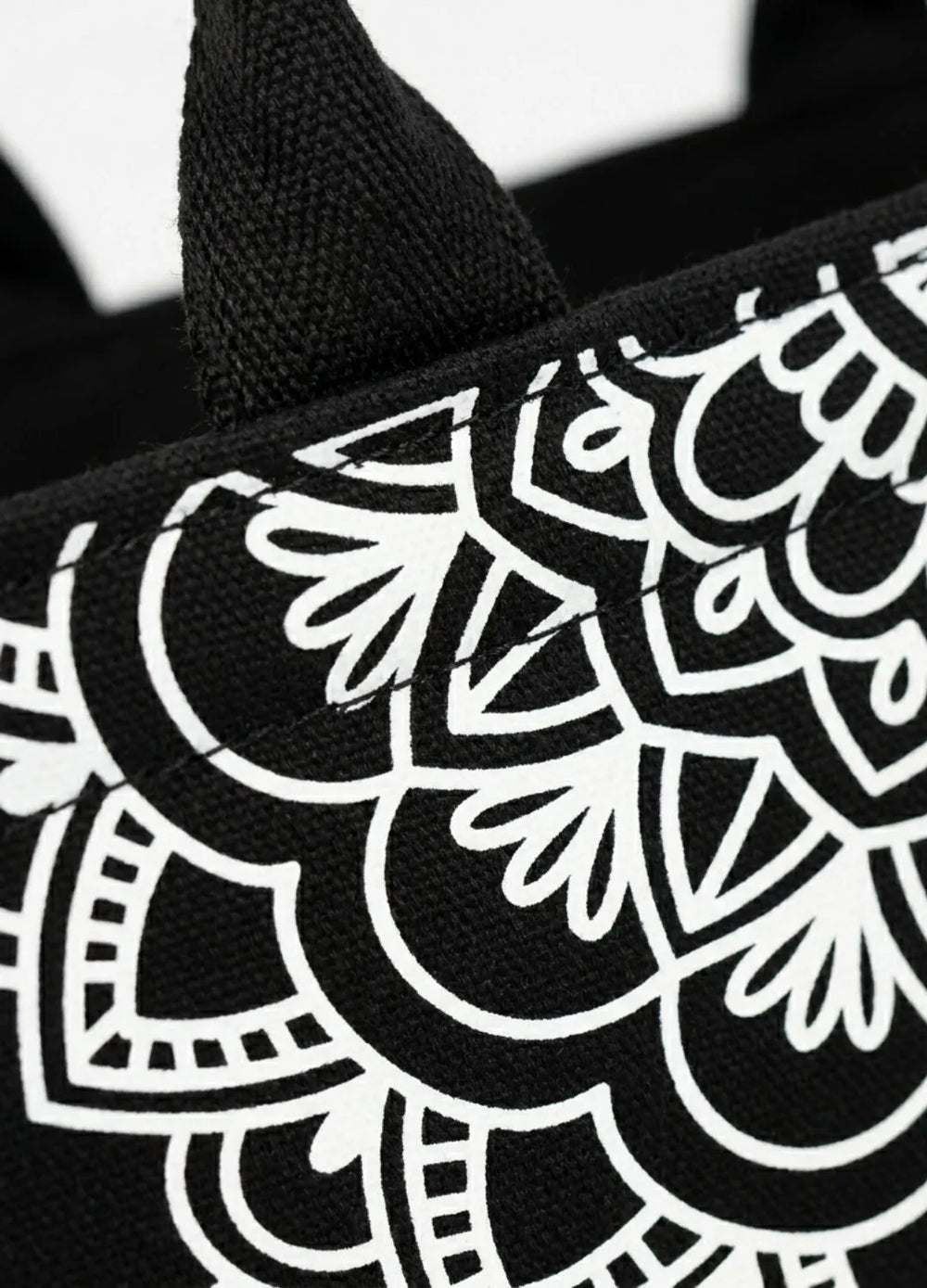 Black tote bag with white mandala pattern