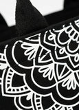 Black tote bag with white mandala pattern