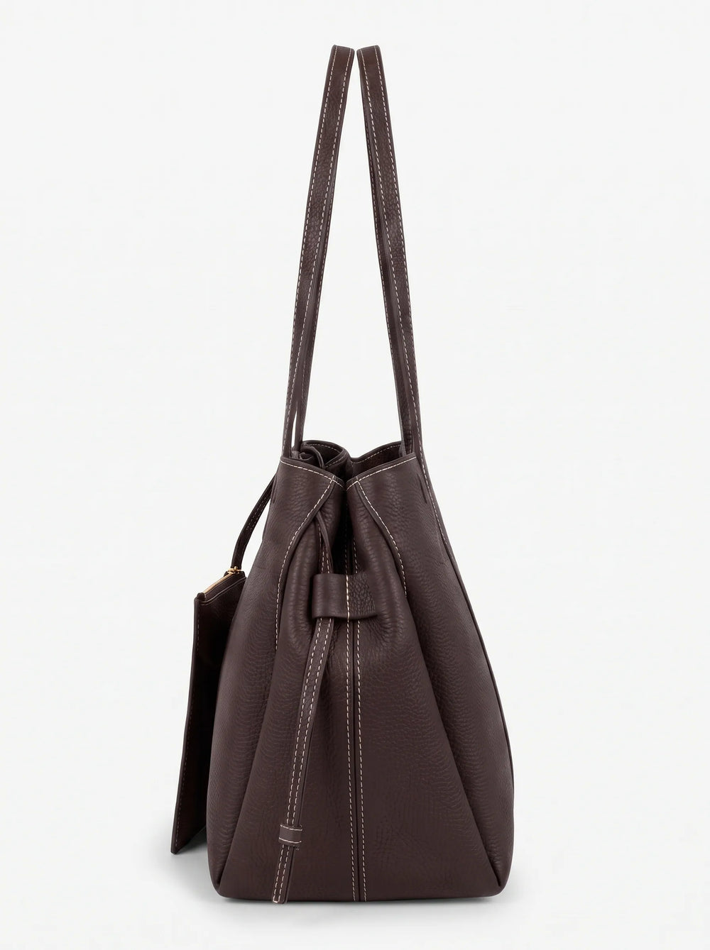 Adjustable drawstring cinch tie and white topstitching on WestStyle dark brown tote bag ladies leather handbag Pakistan