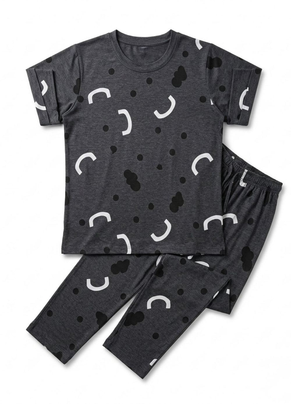 Black pajama set with white abstract patterns on a white background
