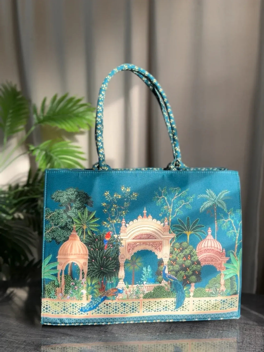 Canvas tote bag with garden design on a neutral office background - WestStyle