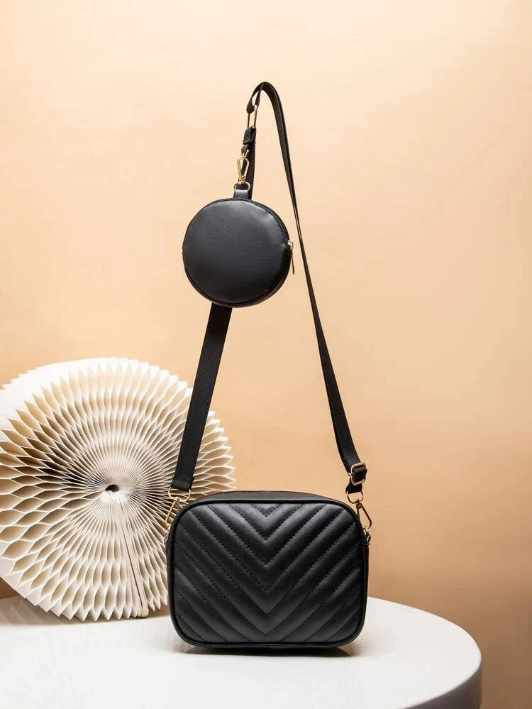 CHEVRON QUILTED BAG WITH COIN PURSE - BLACK - M119 