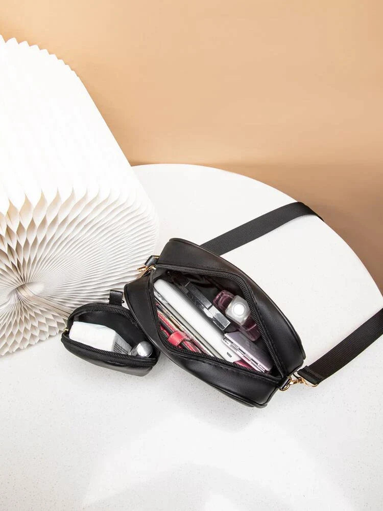 CHEVRON QUILTED BAG WITH COIN PURSE - BLACK - M119 