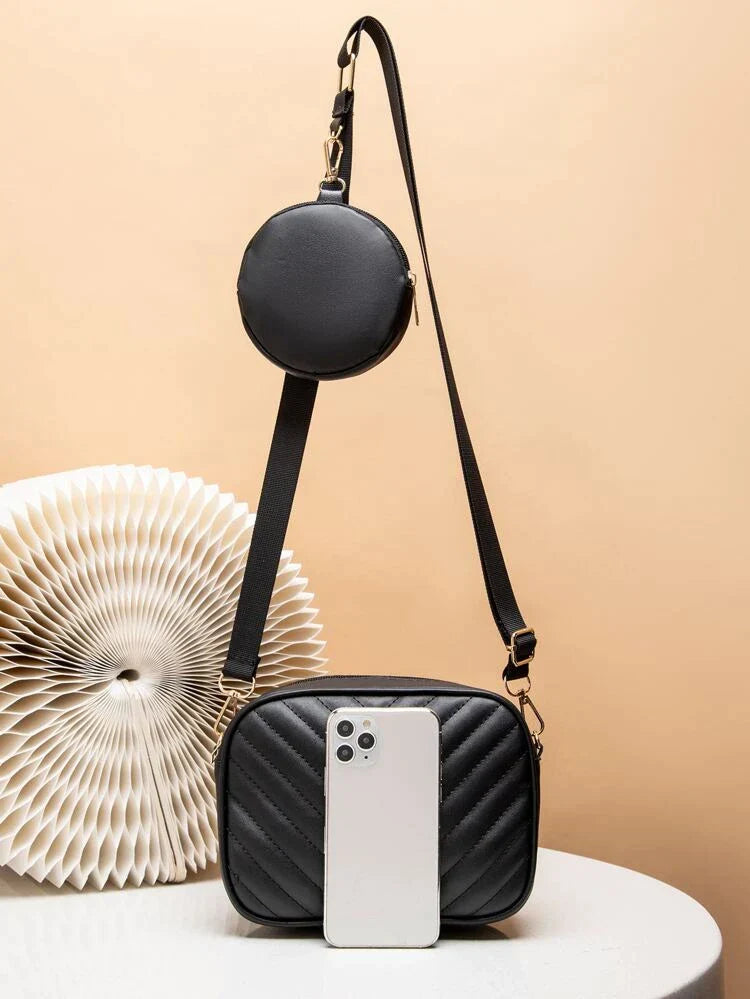 CHEVRON QUILTED BAG WITH COIN PURSE - BLACK - M119