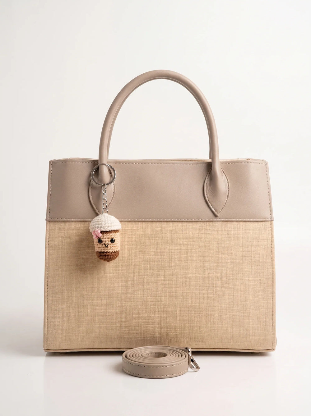 Beige dual-tone Saffiano structured shoulder bag with taupe handles, silver hardware and detachable strap ladies shoulder bag online Pakistan by WestStyle