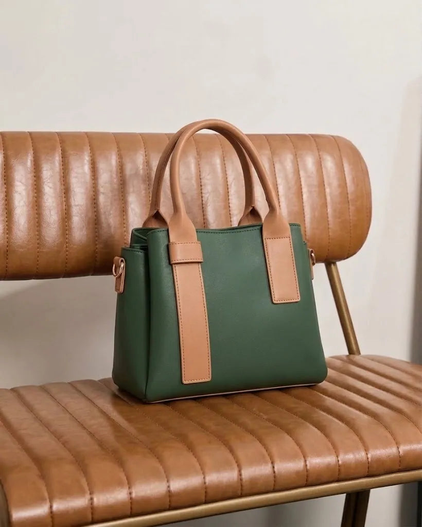 Tan contrast vertical panel and rounded handles on WestStyle Roma green shoulder bag stylish shoulder handbag Pakistan