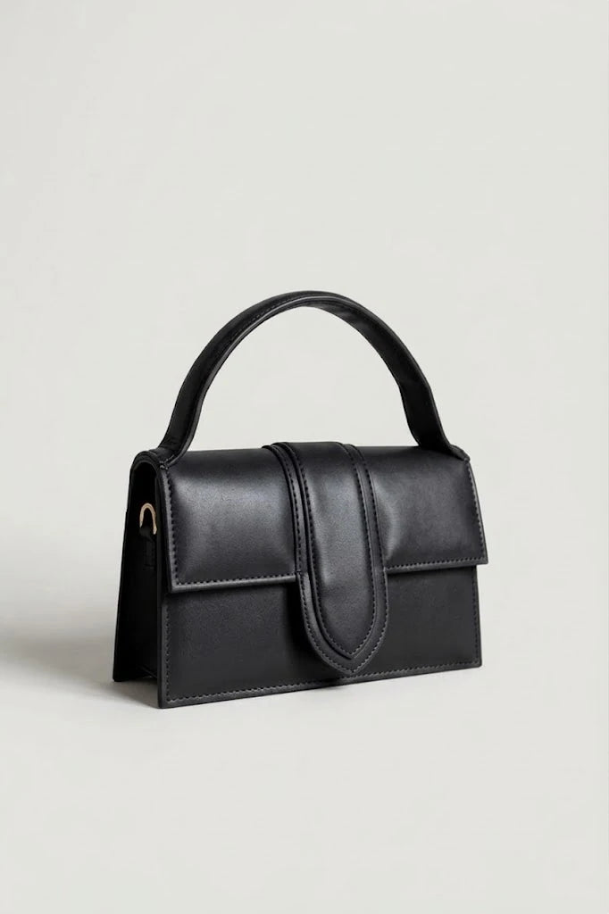 Side profile of WestStyle black satchel showing 4-inch depth and structured body satchel handbag online Pakistan