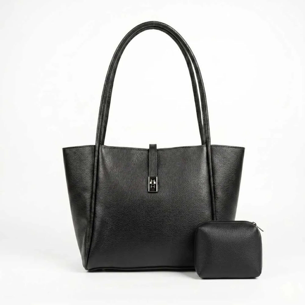 Joblet black pebbled leather tote bag with matching zip pouch  2-piece women's bag set online Pakistan by WestStyle
