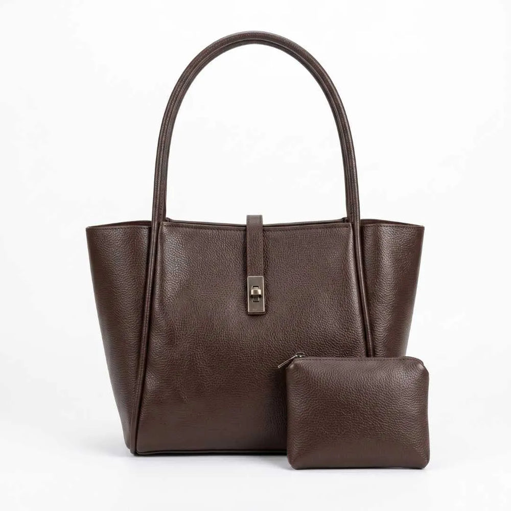 WestStyle Joblet brown leather tote bag front view showing winged silhouette and gunmetal turnlock large ladies tote bag Pakistan