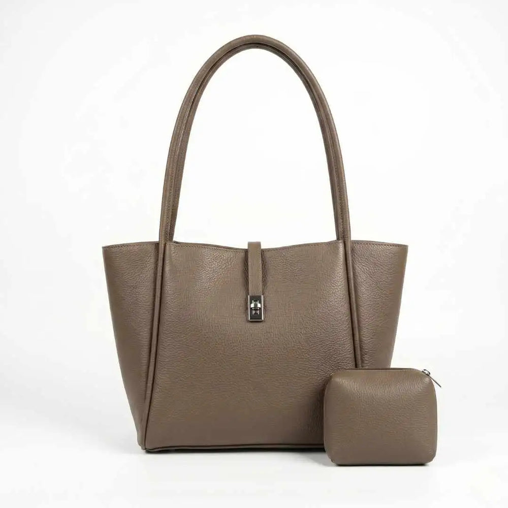 Joblet cheeku taupe pebbled leather tote bag with matching zip pouch — 2-piece women's tote bag set online Pakistan by WestStyle