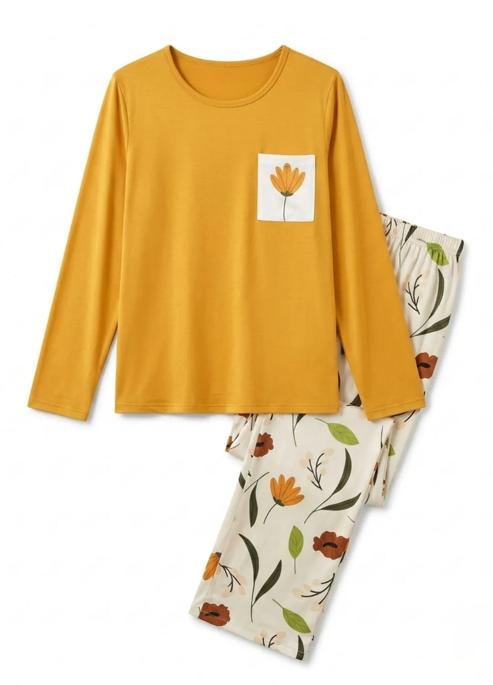 Yellow long-sleeve top with a flower pocket and floral-patterned pants on a white background