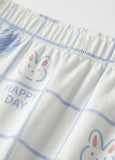Textile with cartoon bunny faces and 'Happy Day' text on a checkered pattern
