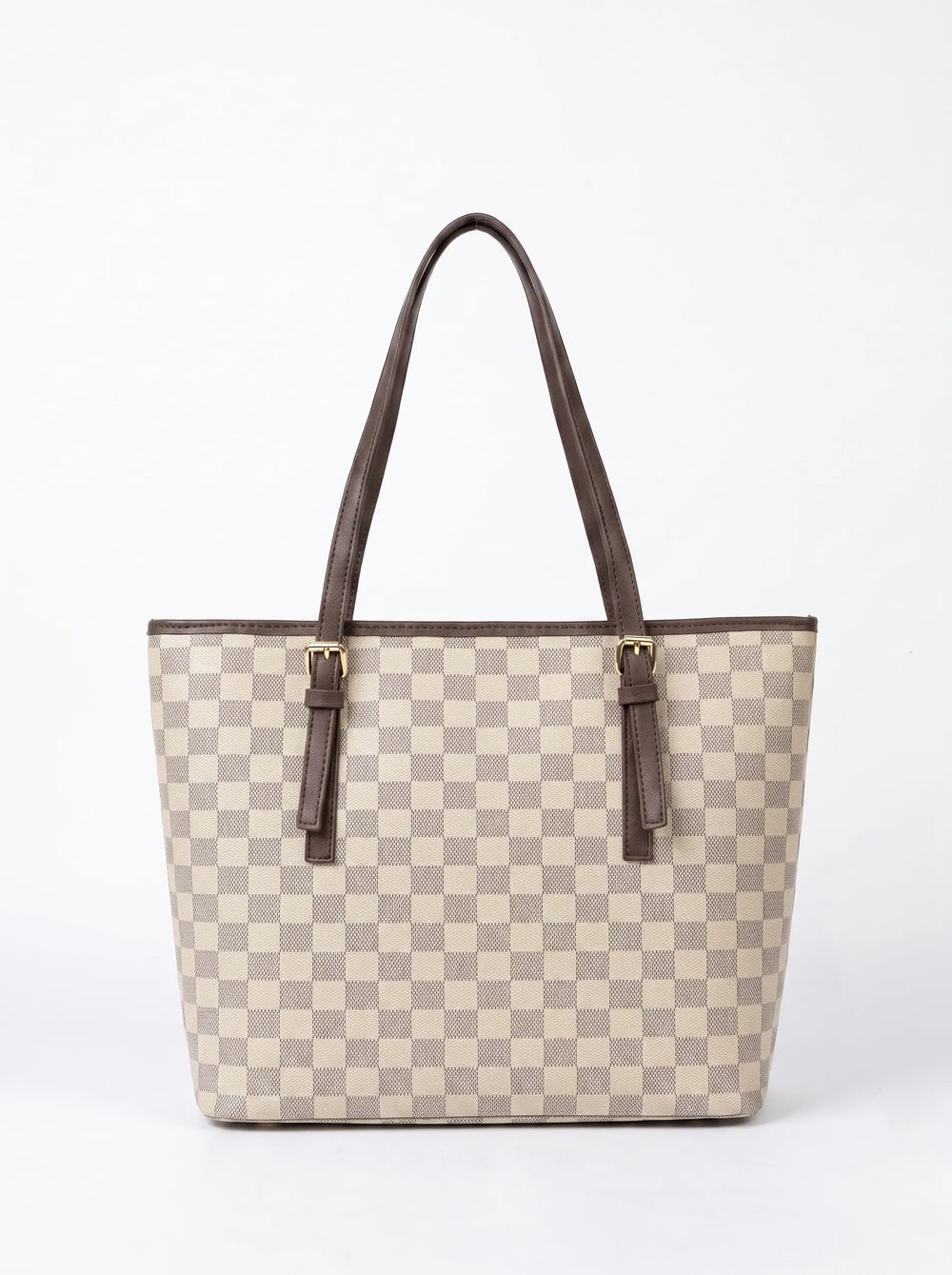 Large checkerboard tote bag for women with dark brown handles and gold buckle hardware structured tote bag online Pakistan by WestStyle