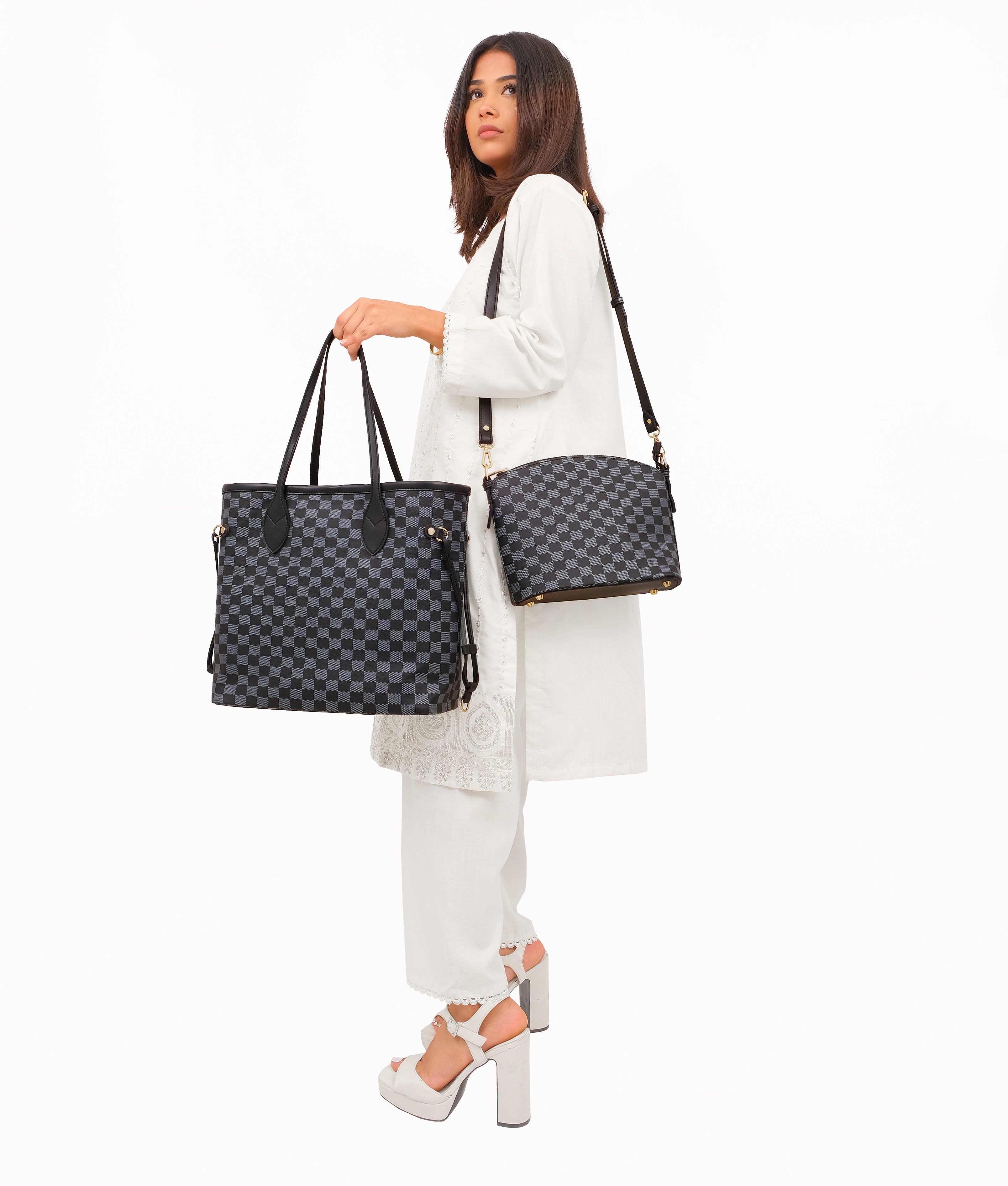 CHECKERED DUO TOTE - BLACK - M072