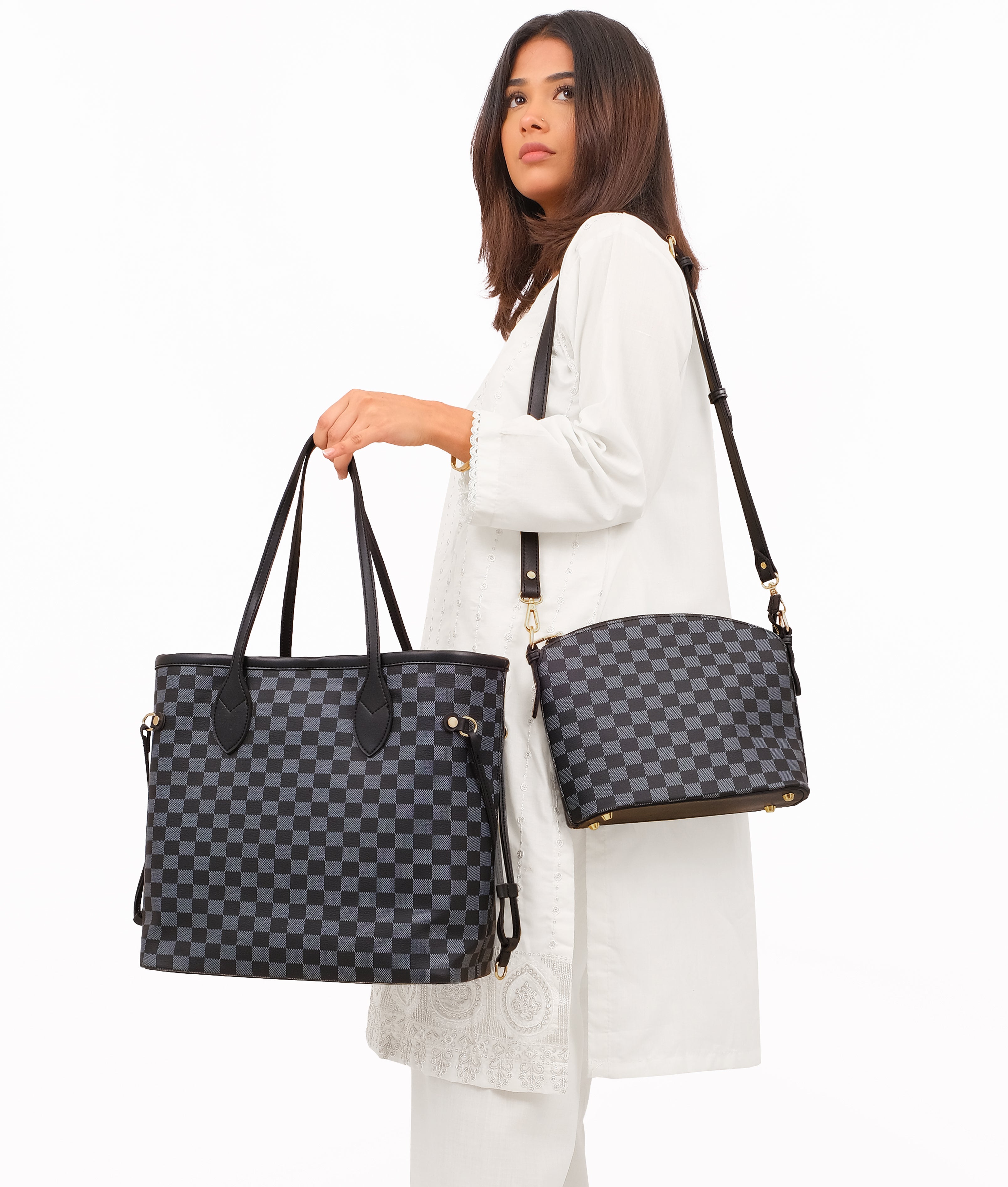 CHECKERED DUO TOTE - BLACK - M072