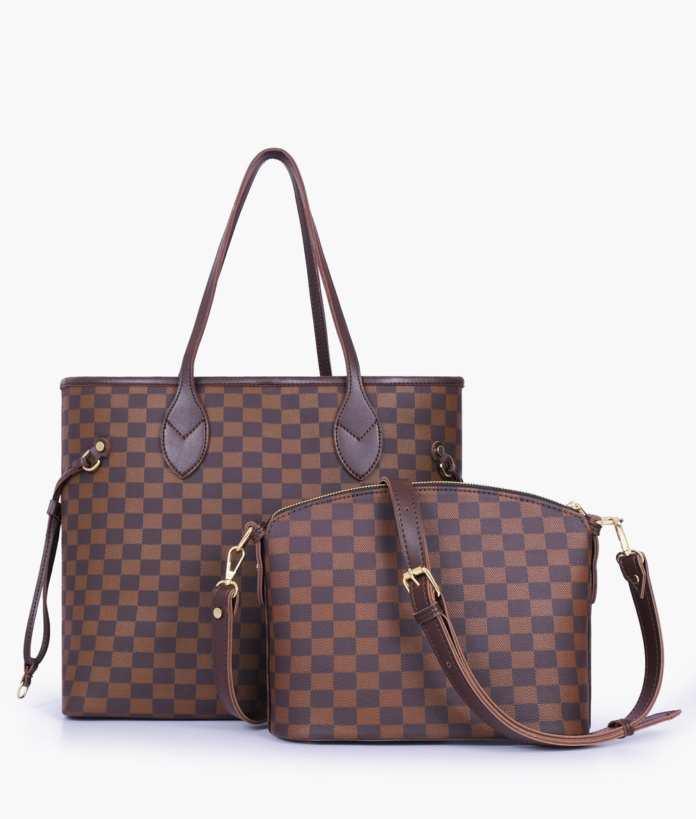CHECKERED DUO TOTE - BROWN - M072 