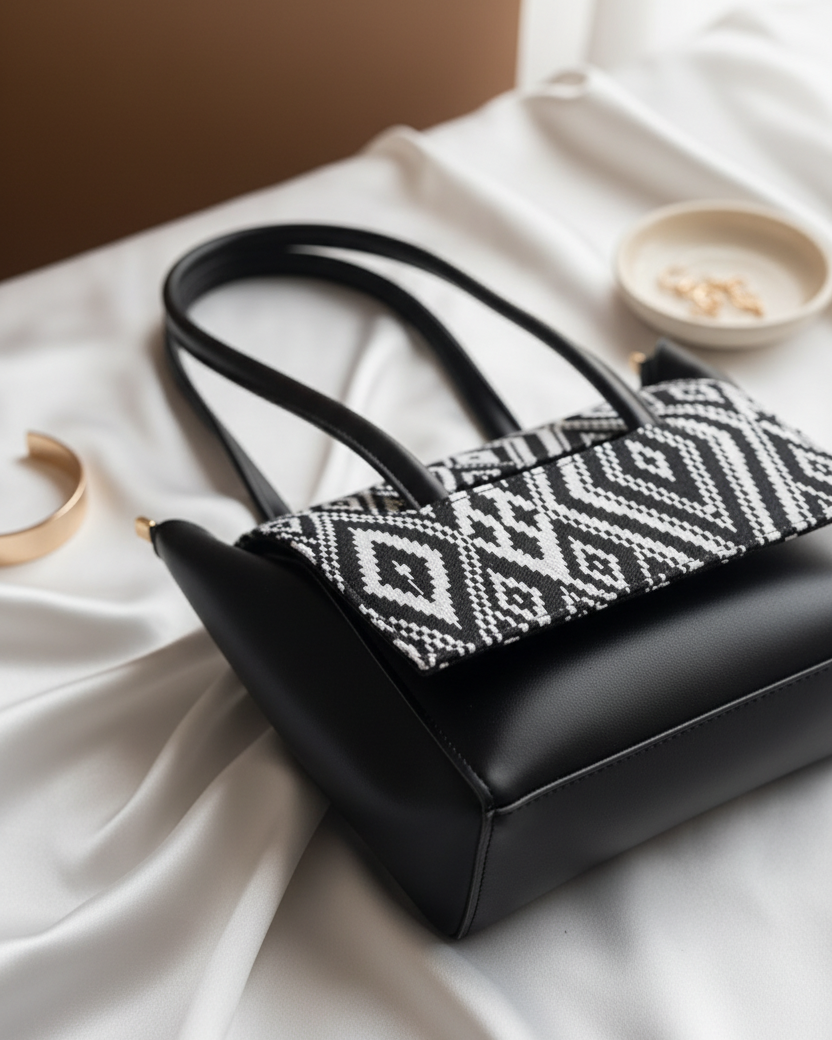 Closeup of geometric patterned bag - portrait