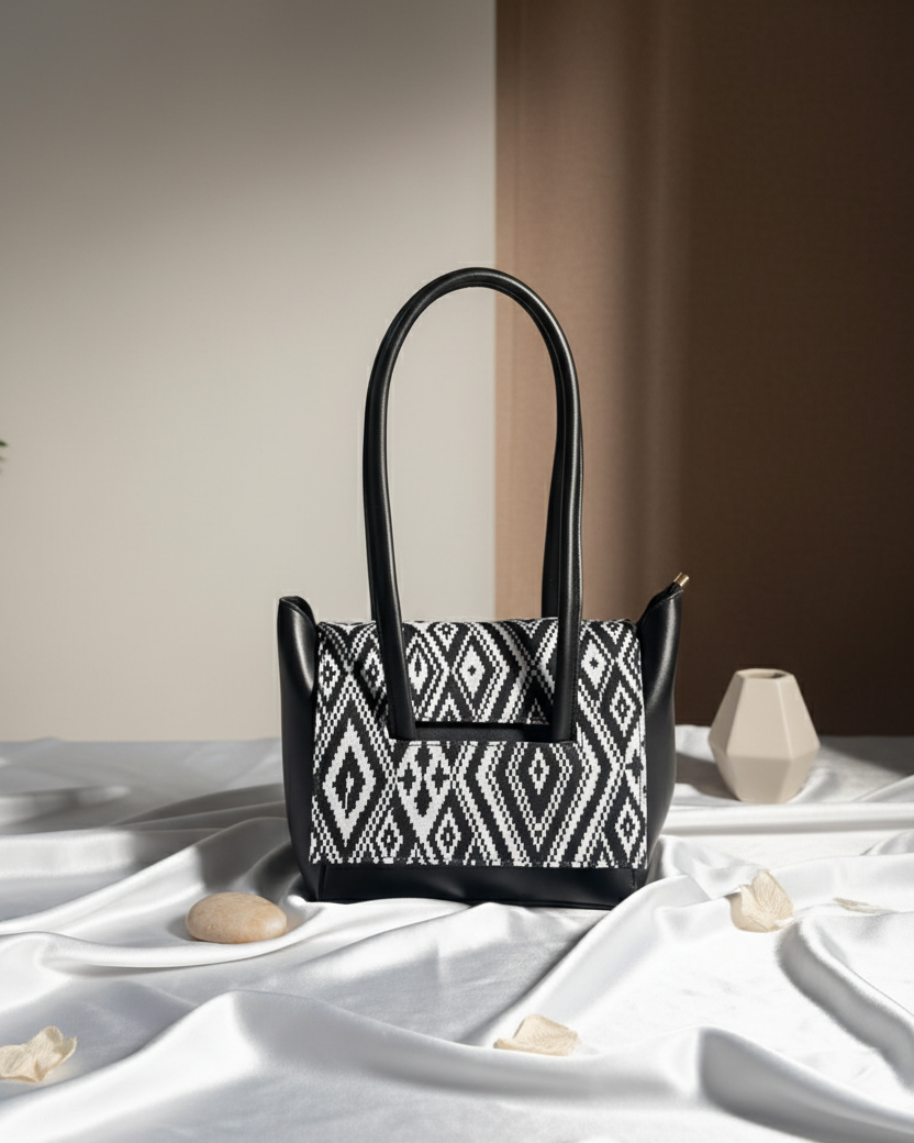 Geometric patterned bag on white silk - portrait