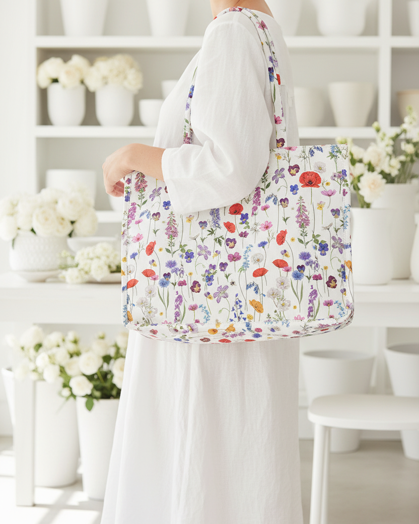 Lifestyle shot of floral canvas tote bag