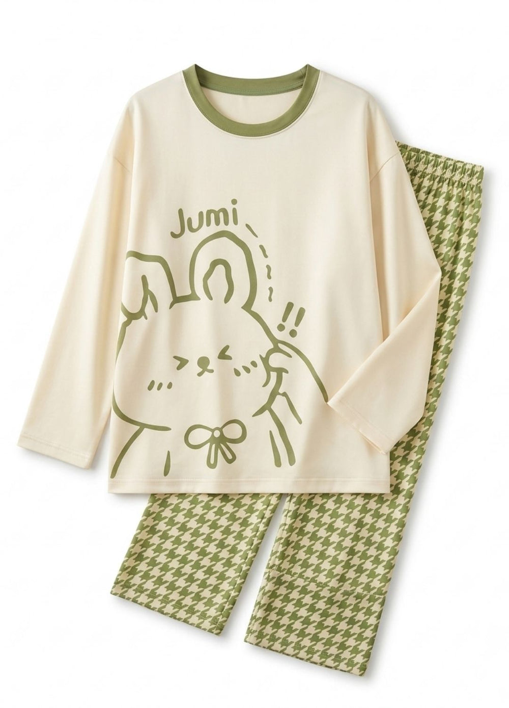 Women pajama set with long-sleeve top and houndstooth pants on a white background